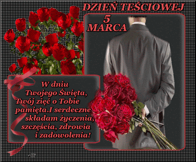 W Dniu Teściowej zięć z bukietem róż składa teściowej serdeczne życzenia